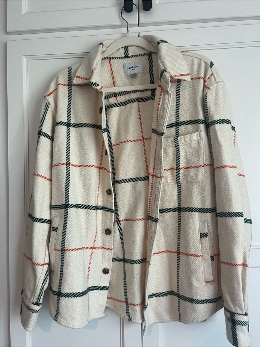 Goodfellow & Co Cream Plaid Utility Shacket with Green and Orange Windowpane